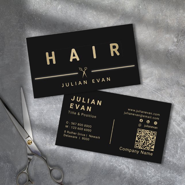 Cartão De Visita Tesoura Dourada do Cabelo Elegante Preto (Elegant Faux Gold Hair Scissors Hair Stylist Black Business Card)