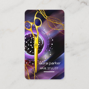 Cartão De Visita Tesoura Dourada Hair Stylist Salão Roxo