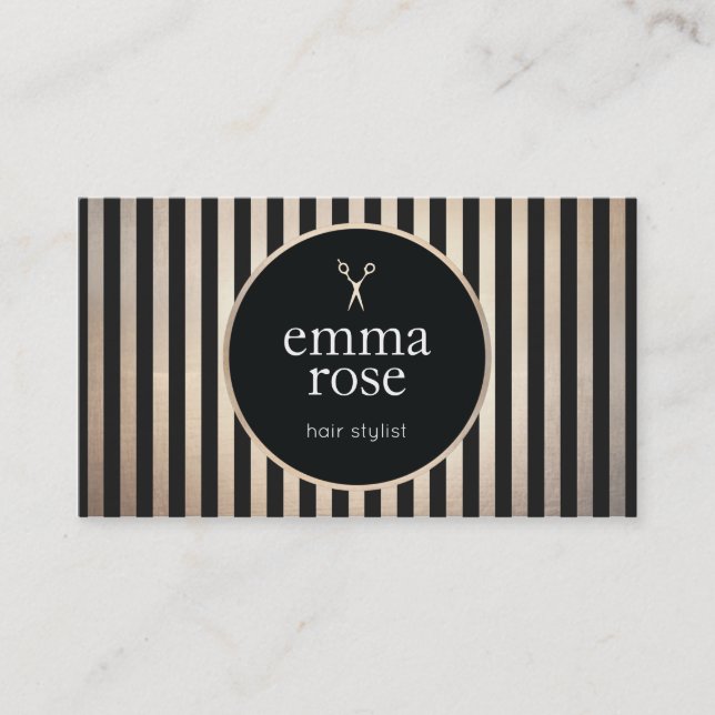 Cartão De Visita Tesoura Dourada  Preta com Estilos de Cabelo Vinta (Frente)