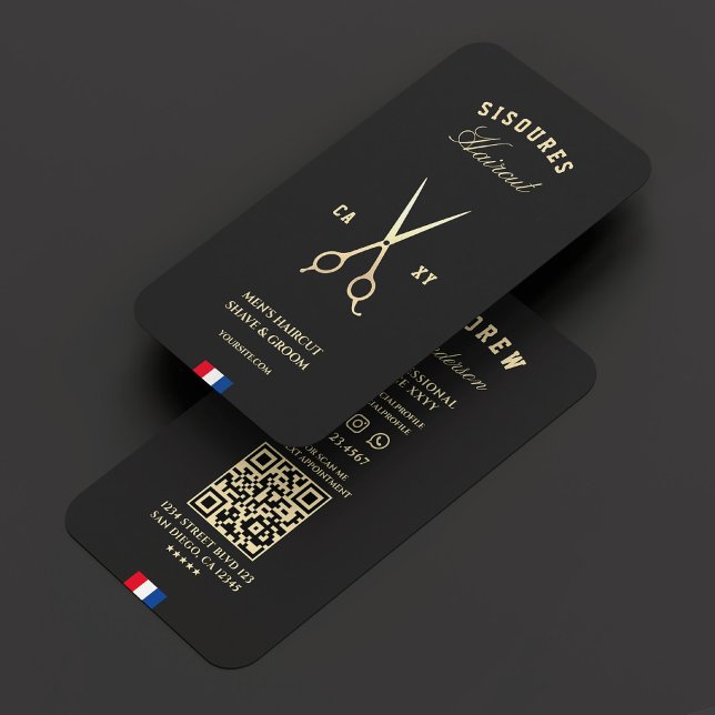 Cartão De Visita Tesoura Dourada Preta de Barbeiro Moderna Azul Bra (Modern Barber Black Gold Scissors Red Blue White Business Card
)