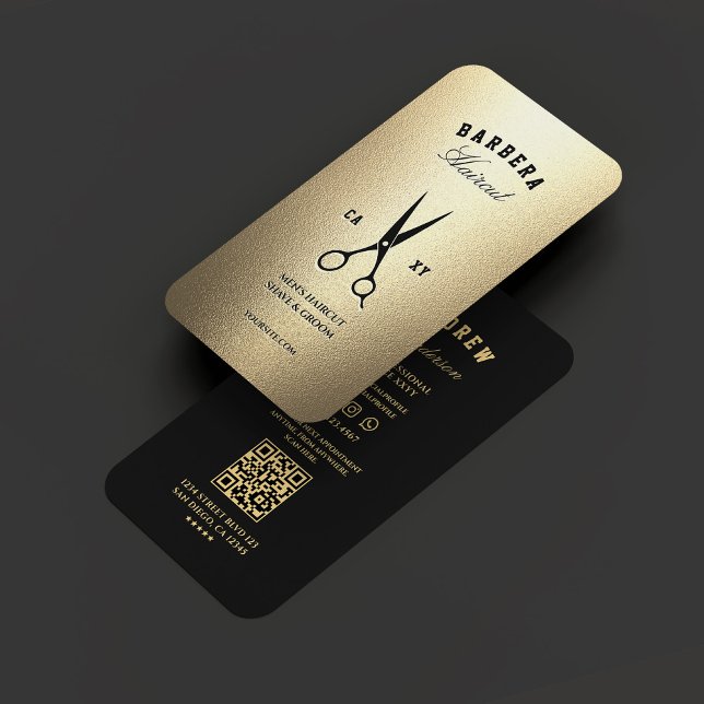Cartão De Visita Tesoura Dourada Preta Faux Barbershop Elegante (Elegant Barbershop Black Gold Scissors Modern Business Card
)