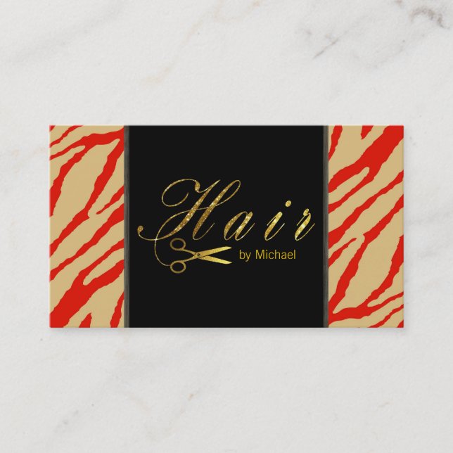 Cartão De Visita Tesoura Dourada Stylist de Cabelo Script Zebra Mod (Frente)
