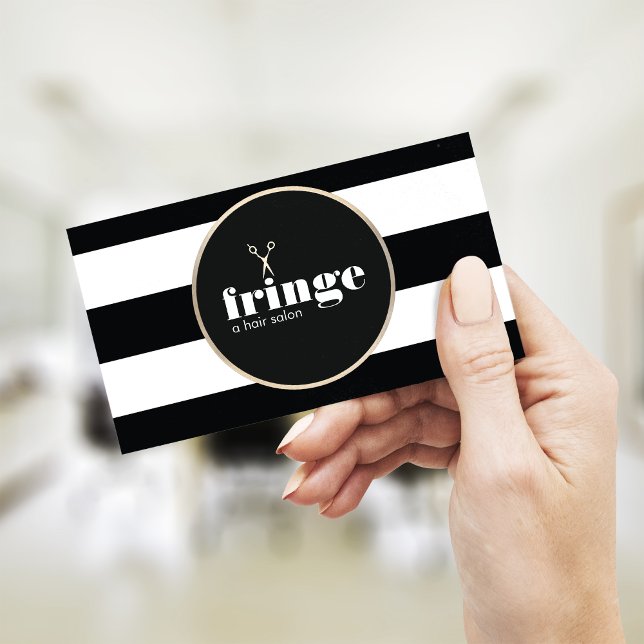 Cartão De Visita Tesoura Dourada Stylist para o cabelo Stripe Branc (Criador carregado)