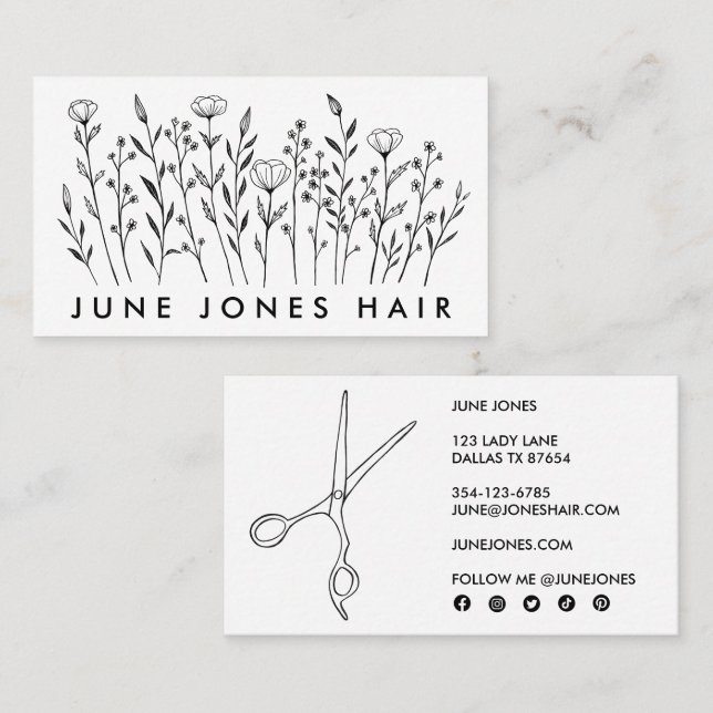 Cartão De Visita Tesoura Hair Stylist Flores Selvagens Elegantes BW (Frente/Verso)