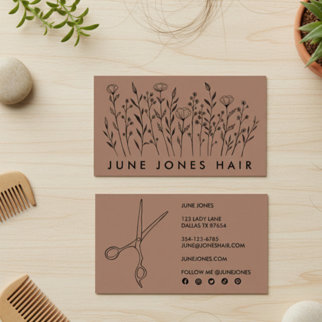 Cartão De Visita Tesoura Hair Stylist Flores Selvagens Elegantes Mo (Hair Stylist Scissors Elegant Wildflowers Mocha Business Card
)