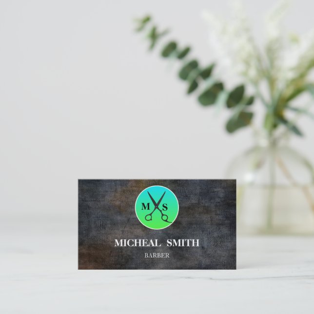 Cartão De Visita Tesoura Legal Simples de Monograma de Barber de Vi (Em pé/Frente)