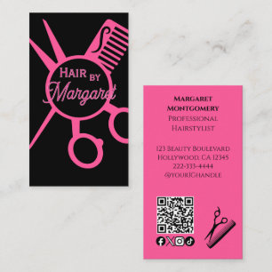 Cartão De Visita Tesoura Minimalista Código QR Preto Rosa Salão de