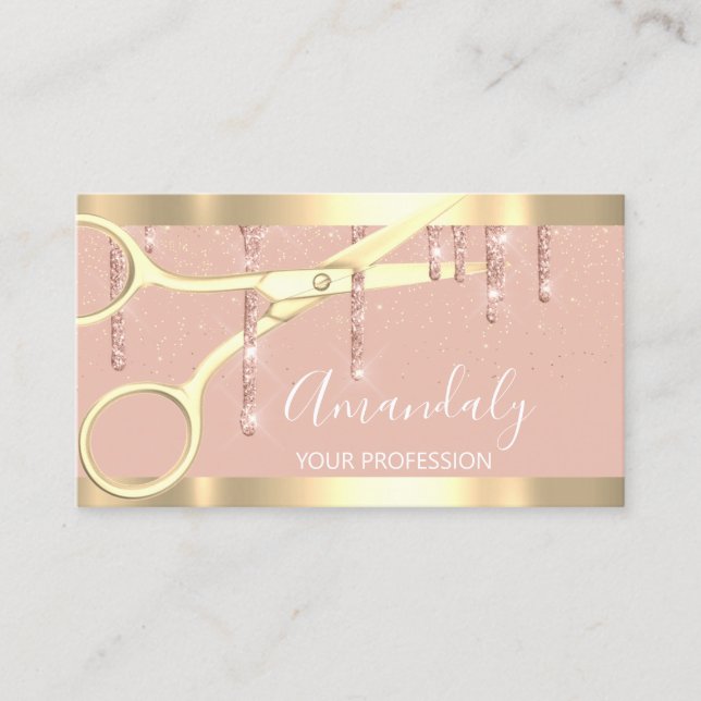 Cartão De Visita Tesoura moderna do cabeleireiro pica Rosa Dourado (Frente)
