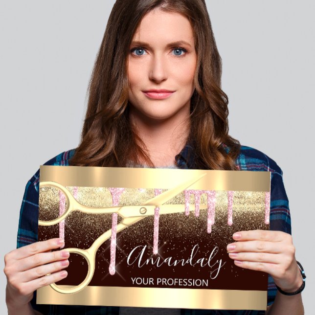 Cartão De Visita Tesoura moderna do cabeleireiro pinga rosa Dourado (Modern Hairdresser Scissors Drips Gold Pink Black Business Card)