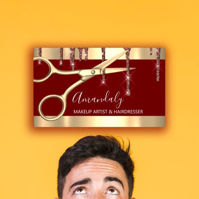 Cartão De Visita Tesoura Ouro Hairdresser Hair Stylist Burgundy (Hair Stylist Hairdresser Golden Scissors Burgundy Business Card)