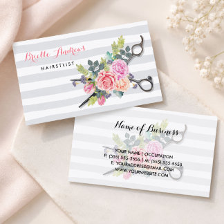 Cartão De Visita Tesoura Prata Chic Estilista de Cabelo Rosas