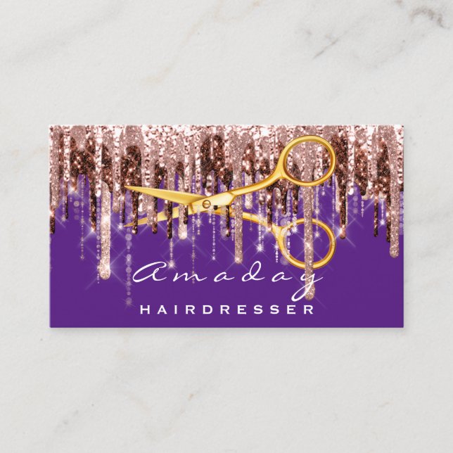 Cartão De Visita Tesoura profissional de cabeleireiro Dourado Roxo (Frente)
