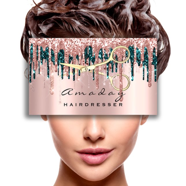 Cartão De Visita Tesoura profissional do cabeleireiro Rosa Teto Dou (Professional Hairdresser Scissors Rose Teal Gold Business Card)