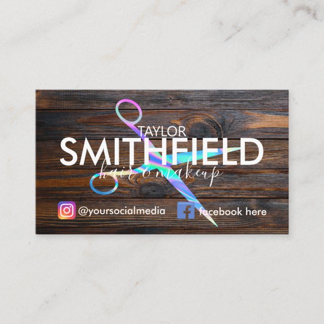 Cartão De Visita Tesoura Rústica de Madeira Holo Cabelo e Tendência (Frente)