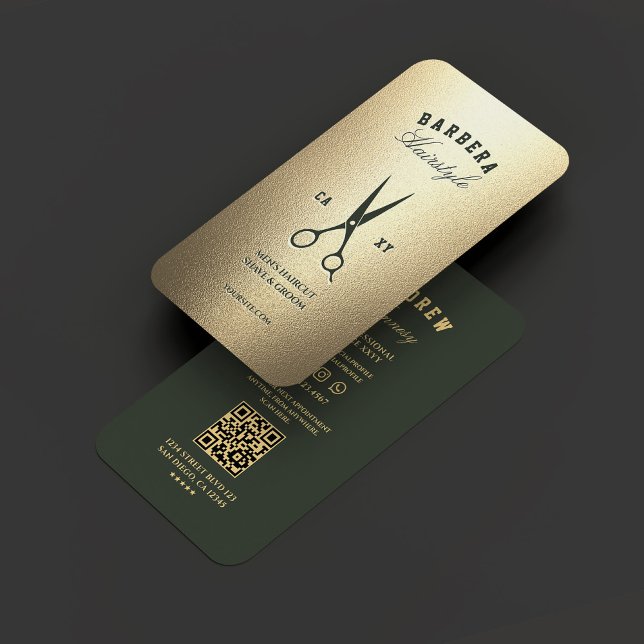 Cartão De Visita Tesoura Verde Barber Moderna Elegante Dourada (Modern Barber Green Scissors Elegant Gold Business Card
)