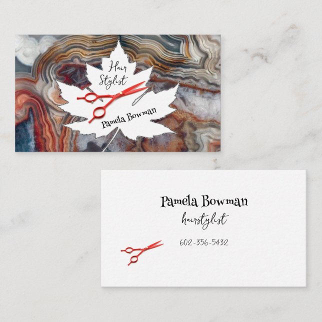 Cartão De Visita Tesoura Vermelha de Pedra de Lace Agate Hairstylis (Frente/Verso)