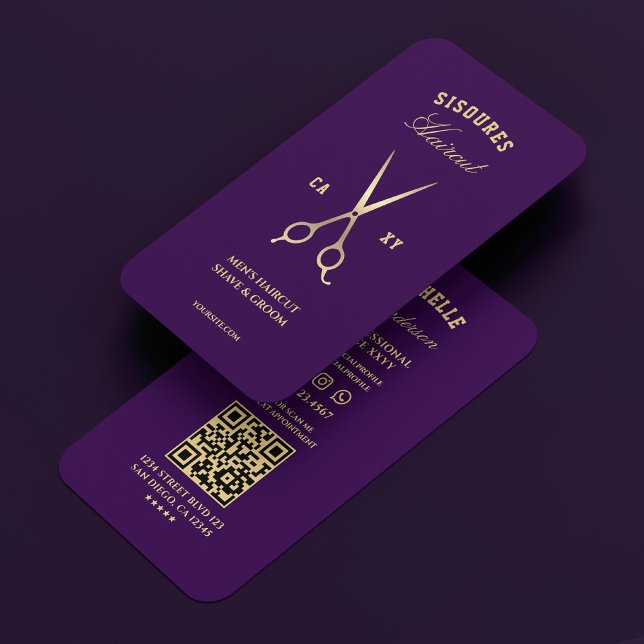 Cartão De Visita Tesouras de barbearia roxa escura escura elegante (Barbershop Elegant Dark Purple Barber Scissors Business Card
)