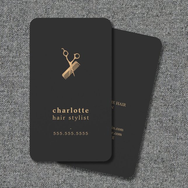 Cartão De Visita Tesouras Douradas Escuras Escuras Elegantes (Criador carregado)
