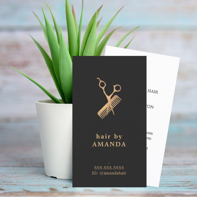 Cartão De Visita Tesouras Douradas Escuras Escuras Elegantes (Criador carregado)