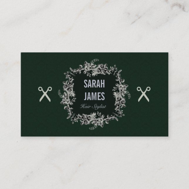 Cartão De Visita tesouras esmeraldas escuras elegantes das tesouras (Frente)