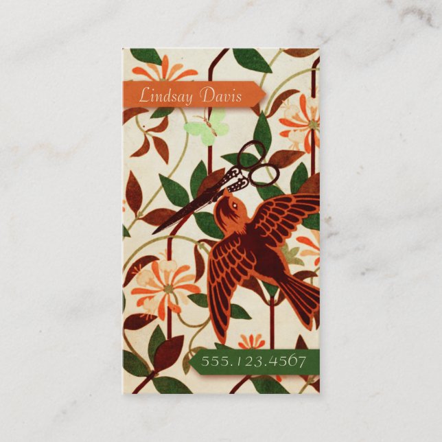 Cartão De Visita tesouras florais do cabeleireiro do pássaro retro (Frente)