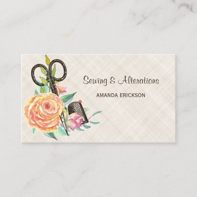 Cartão De Visita Tesouras florais e dedal da costureira do vintage (Frente)