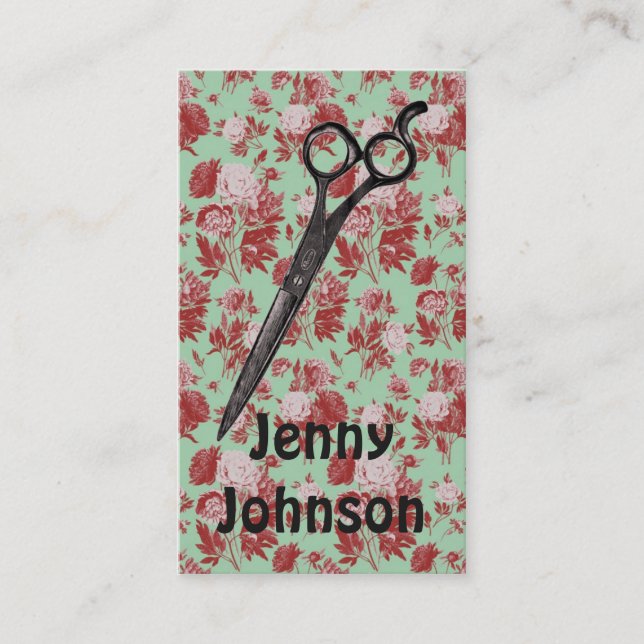Cartão De Visita tesouras rosas vermelha da hortelã floral do (Frente)