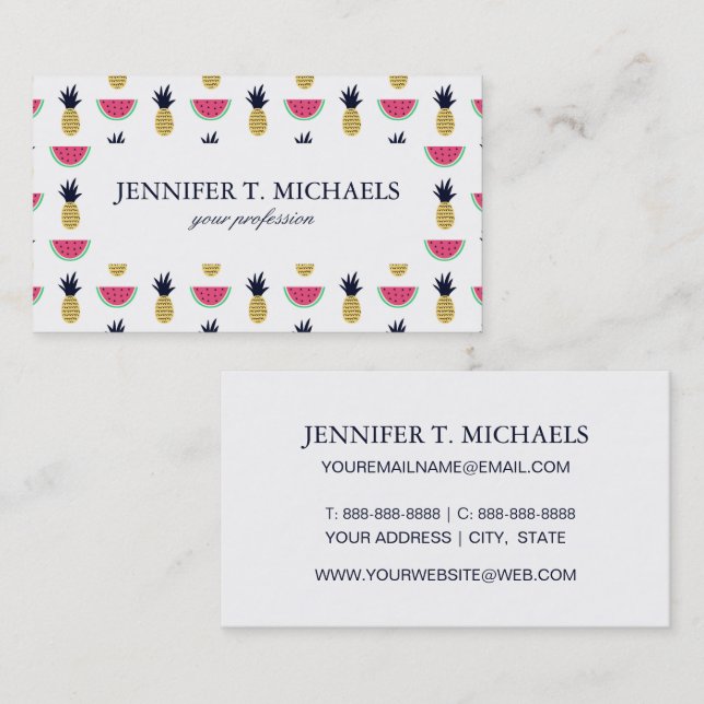 Cartão De Visita Teste padrão bonito do Doodle do abacaxi & da (Frente/Verso)