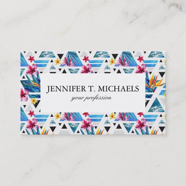 Cartão De Visita Teste padrão de flores tropical geométrico (Frente)
