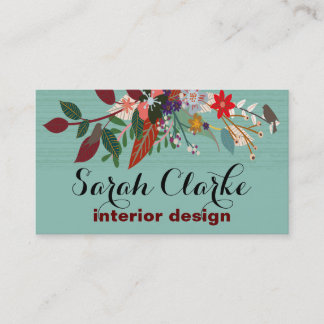 Cartão De Visita Teste padrão floral do vintage vermelho do Aqua