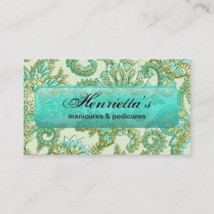 Cartão De Visita Teste padrão floral Dourado de Paisley do Aqua