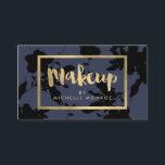 Cartão De Visita Texto Dourado Floral Preto Makeup Artista Azul<br><div class="desc">Esta elegante modelo de cartão de designer apresenta um tratamento de texto manuscrito para "Makeup" seguido do seu nome ou nome comercial para uma bela identidade de marca nesta cartão de visita para artistas de maquiagem. Criado num falso efeito metálico de folha de ouro com um padrão floral escuro, azul-da-meia-noite...</div>