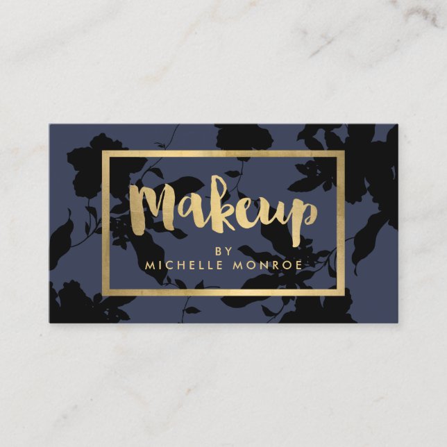 Cartão De Visita Texto Dourado Floral Preto Makeup Artista Azul (Frente)