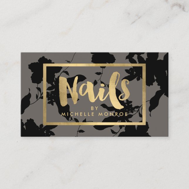 Cartão De Visita Texto Dourado Preto Floral Nail Salon Cinza (Frente)