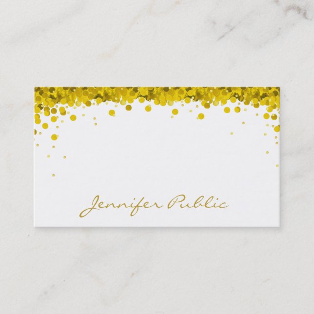 Cartão De Visita Texto Elegante de Script de Confetti Dourado (Frente)