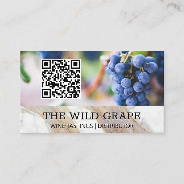 Cartão De Visita Textura branca de mármore | Uvas de vinho | Código (Frente)