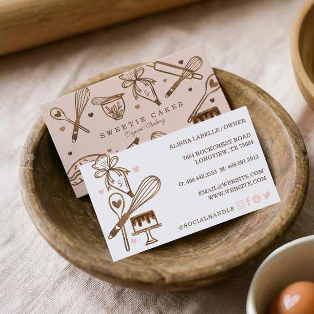 Cartão De Visita Textura de madeira de amêndoas e Cozinhar (Rustic Woodgrain Baking Utensils Pastry Bakery Business Card)