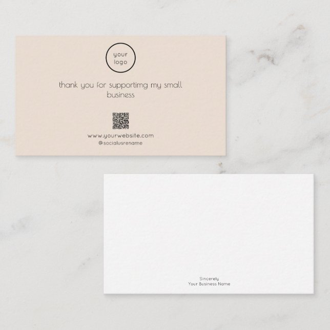 Cartão De Visita Thank You Card Logo QR Code Packaging Insert Blush (Frente/Verso)