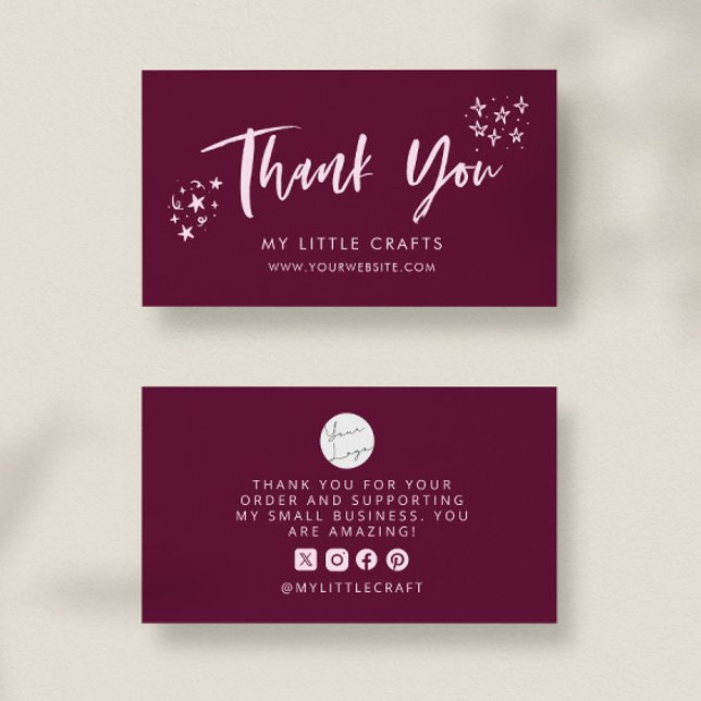 Cartão De Visita Thank You Doodle Stars Cranberry Small Business  (Criador carregado)
