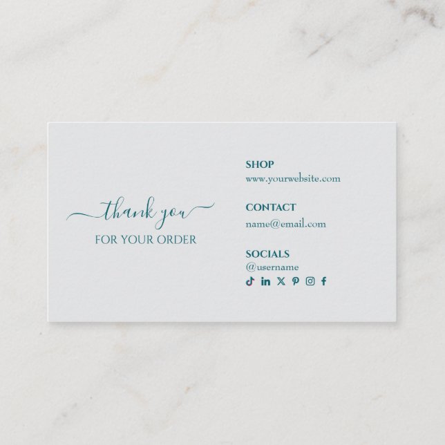Cartão De Visita Thank You For Your Order Teal Business Insert Card (Verso)
