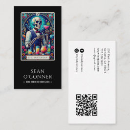Cartão De Visita The Bartender Tarot Skeleton QR Code Black