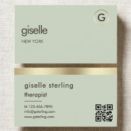 Cartão De Visita Therapist Counselor Sage Green Gold QR Code 