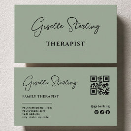 Cartão De Visita Therapist Psychologist Sage Green QR Code