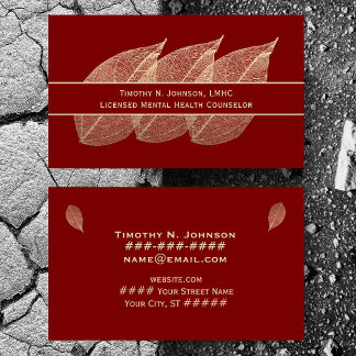 Cartão De Visita Three Golden Leaves on Maroon Counselor Therapist