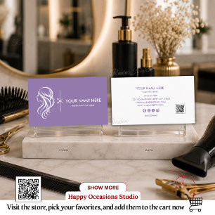 Cartão De Visita Tijela de Estilista de Cabelo Roxo Branco QR Empre