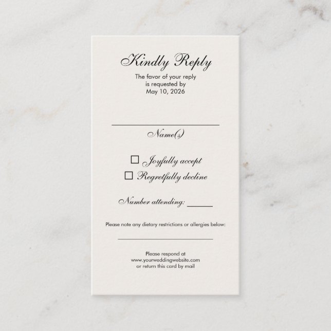 Cartão De Visita Timeless Ivory Calligraphy Wedding RSVP Card (Frente)