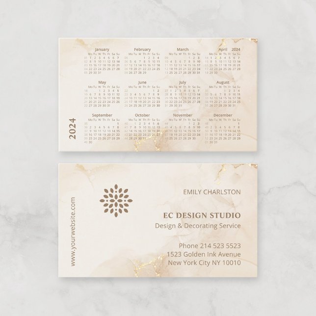 Cartão De Visita Tinta de Ouro bege Moderno Elegante do Calendário  (2024 Business Card Calendar. Modern elegant gold beige watercolor background, with company logo.)