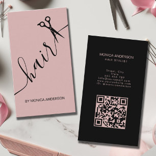 Cartão De Visita Tinta Rosa para Cabelo Estilista Tesoura Código QR