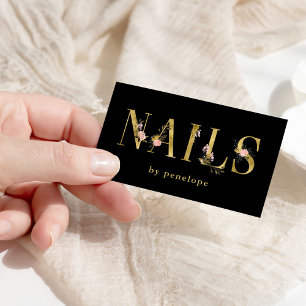Cartão De Visita Tipografia floral Dourado das unhas   no preto