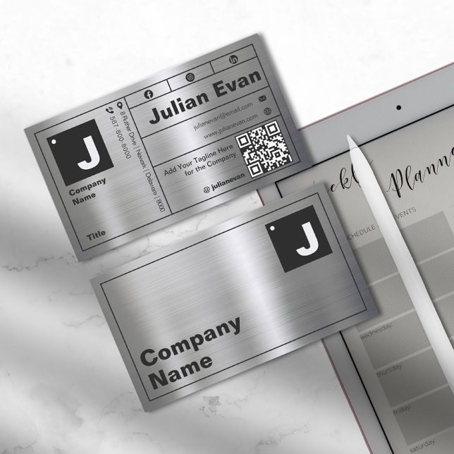 Cartão De Visita Tipografia moderna em negrito Monograma com metal  (Modern Bold Typography Monogram Shiny Metal Business Card)
